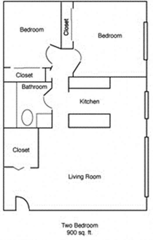 Floor plan for 2 beds, 1 bath, 900 sqft